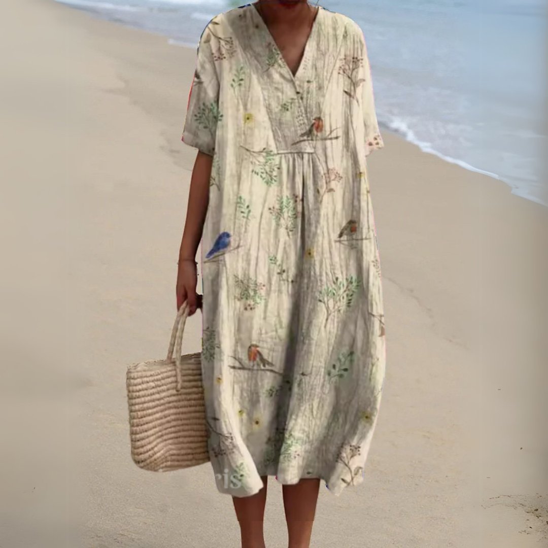 Women's Floral V-Neck Short Sleeve Midi Dress - Flower 13