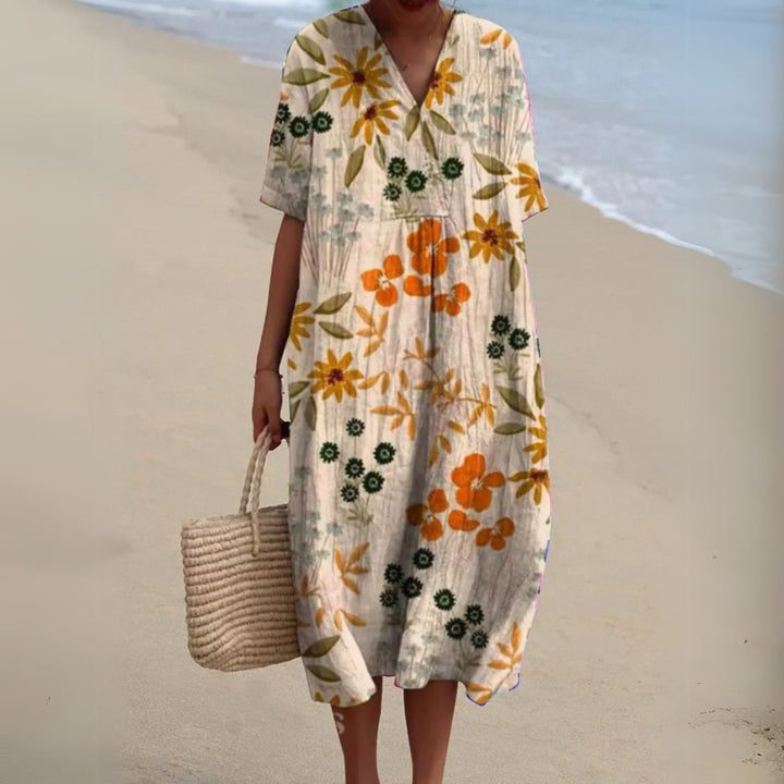 Women's Floral V-Neck Short Sleeve Midi Dress - Flower 14