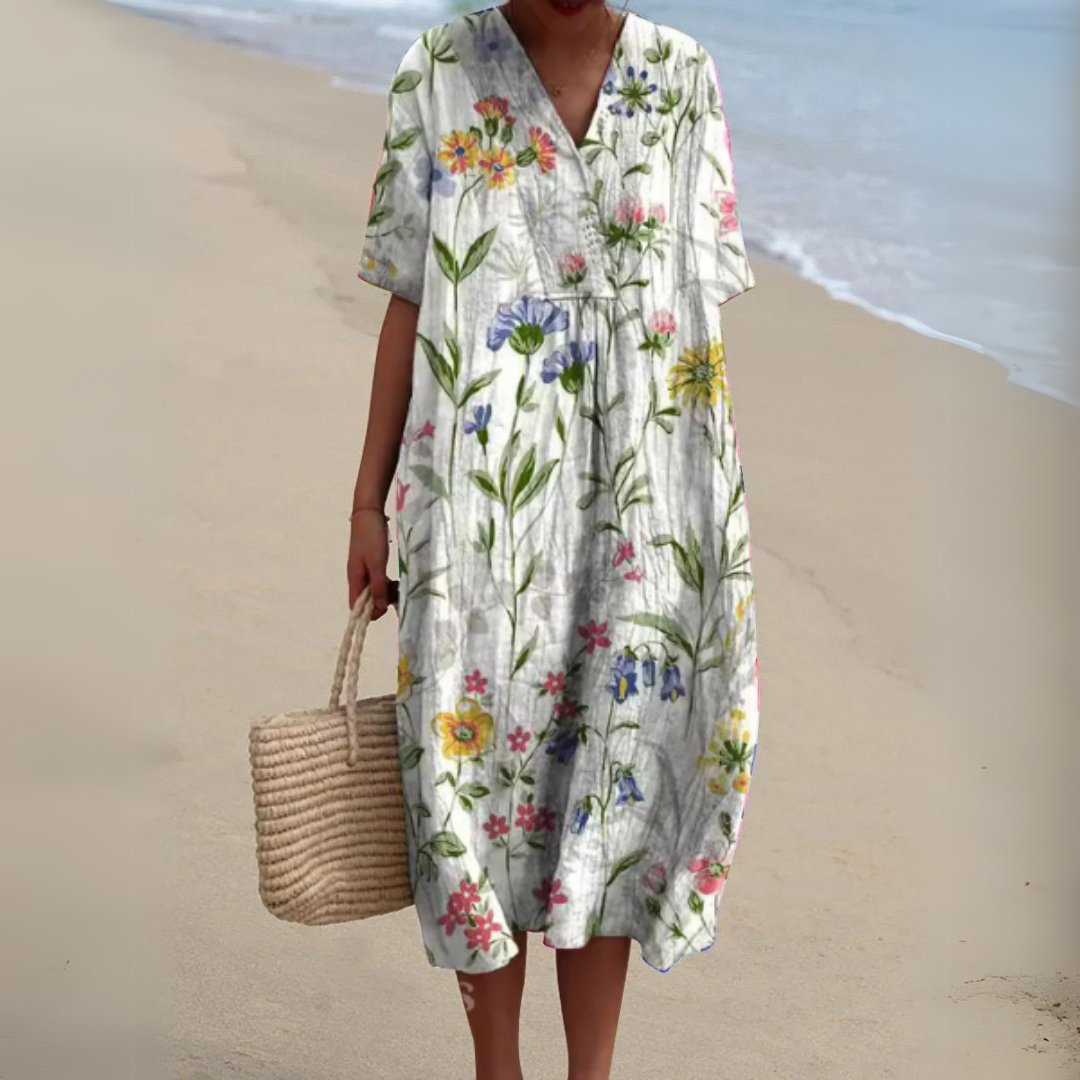 Women's Floral V-Neck Short Sleeve Midi Dress - Flower 15