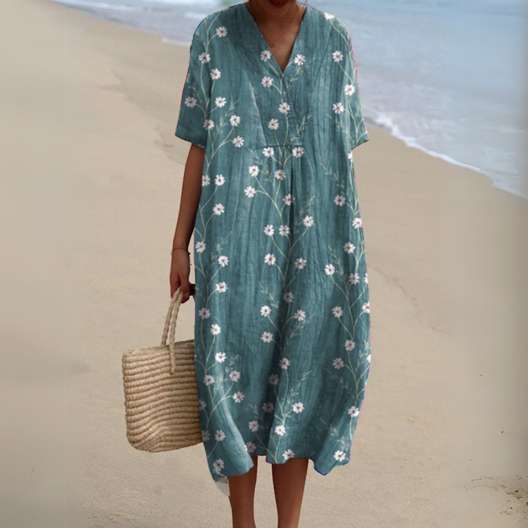 Women's Floral V-Neck Short Sleeve Midi Dress - Flower 2