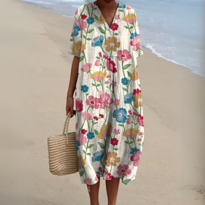Women's Floral V-Neck Short Sleeve Midi Dress - Flower 3