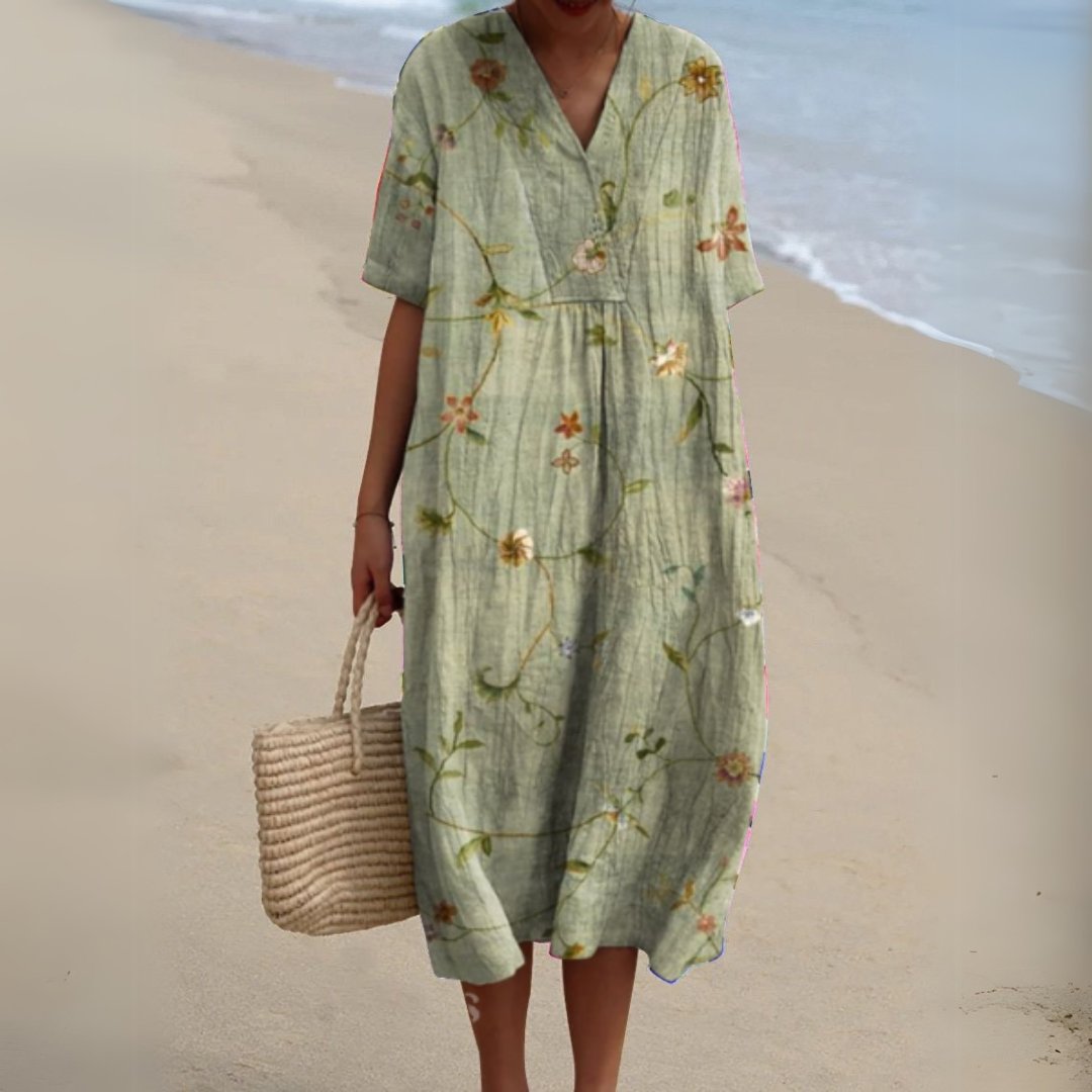 Women's Floral V-Neck Short Sleeve Midi Dress - Flower 5