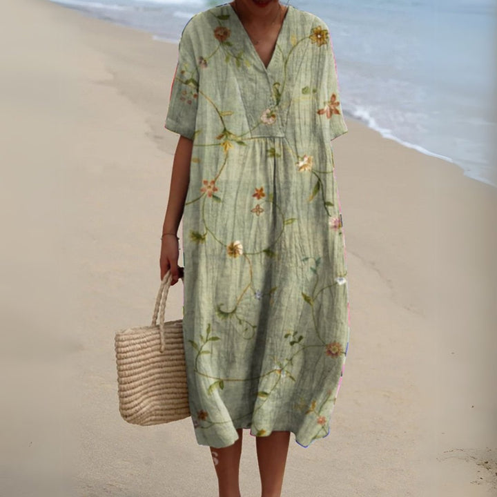 Women's Floral V-Neck Short Sleeve Midi Dress - Flower 5