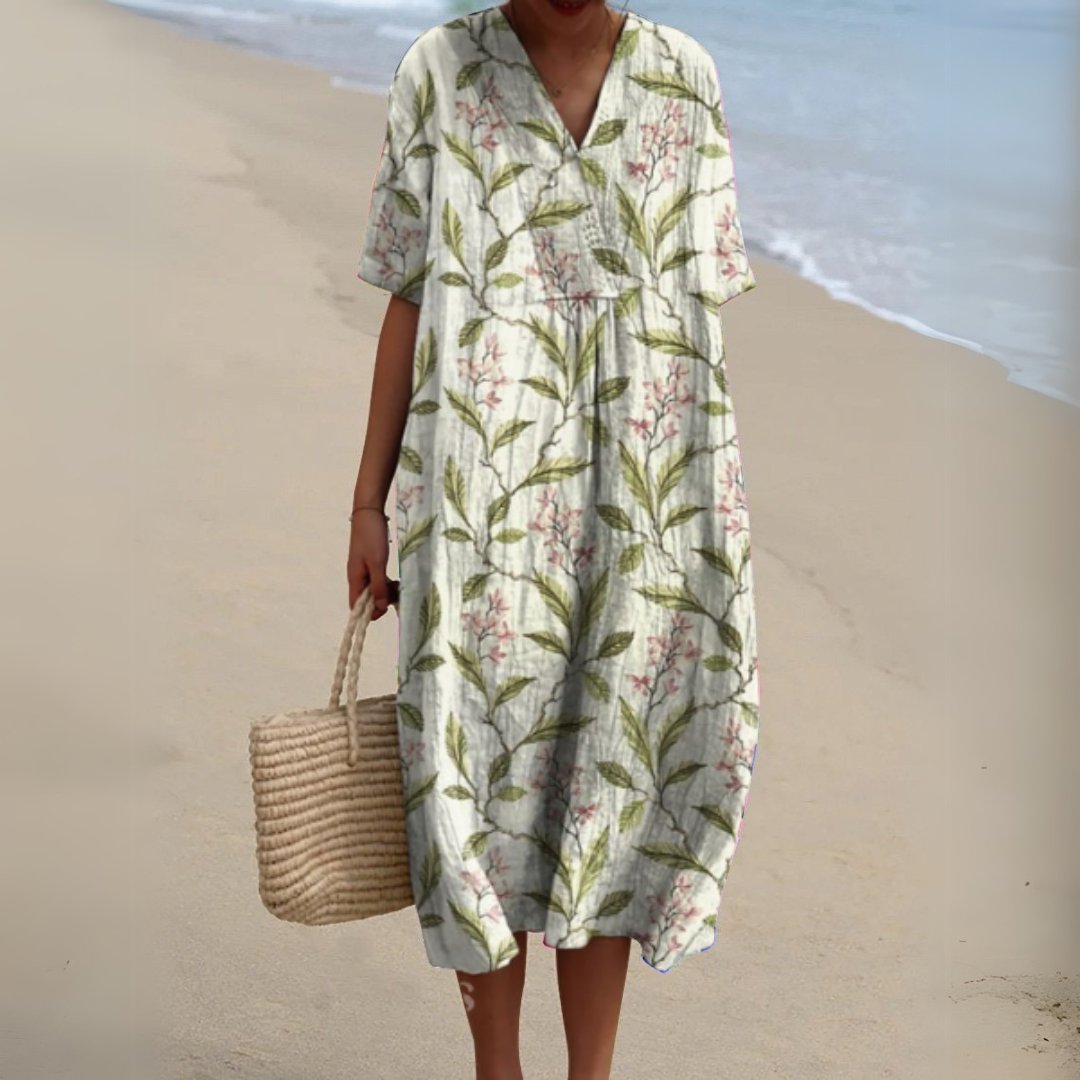 Women's Floral V-Neck Short Sleeve Midi Dress - Flower 6