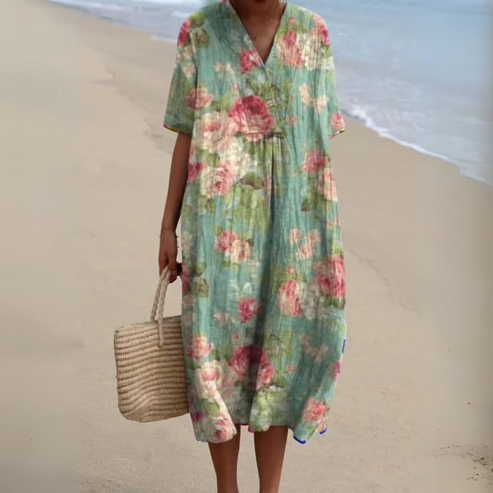 Women's Floral V-Neck Short Sleeve Midi Dress - Flower 7