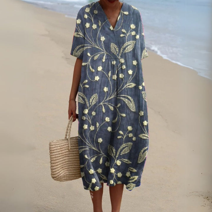Women's Floral V-Neck Short Sleeve Midi Dress - Flower 8
