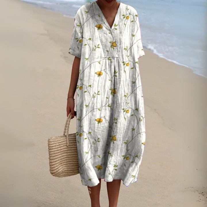 Women's Floral V-Neck Short Sleeve Midi Dress - Flower 9