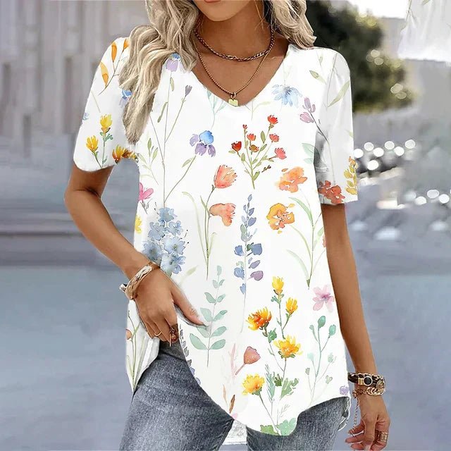 Women's Floral V-Neck Short-Sleeve Relaxed-Fit Top - Beige