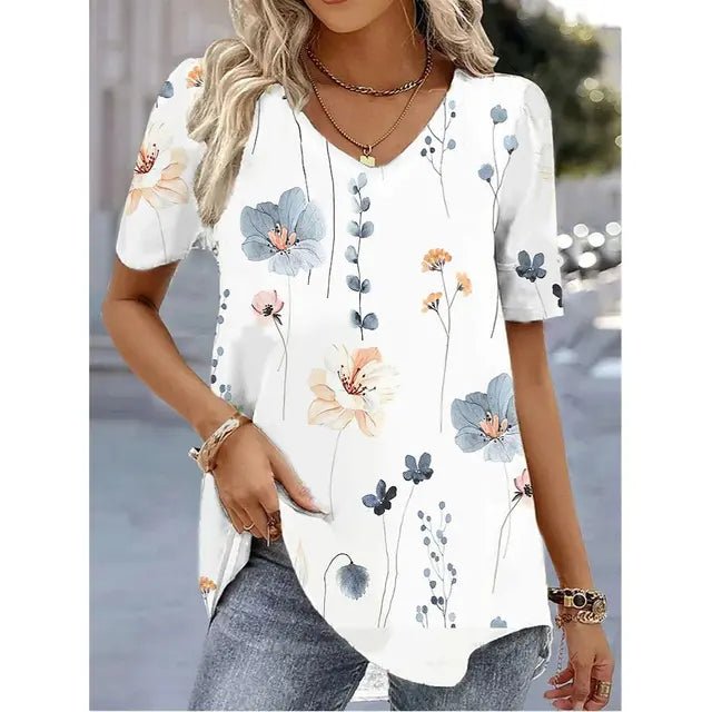 Women's Floral V-Neck Short-Sleeve Relaxed-Fit Top - White
