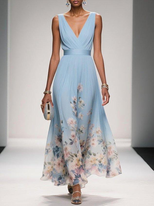 Women's Floral V-Neck Sleeveless Maxi Dress