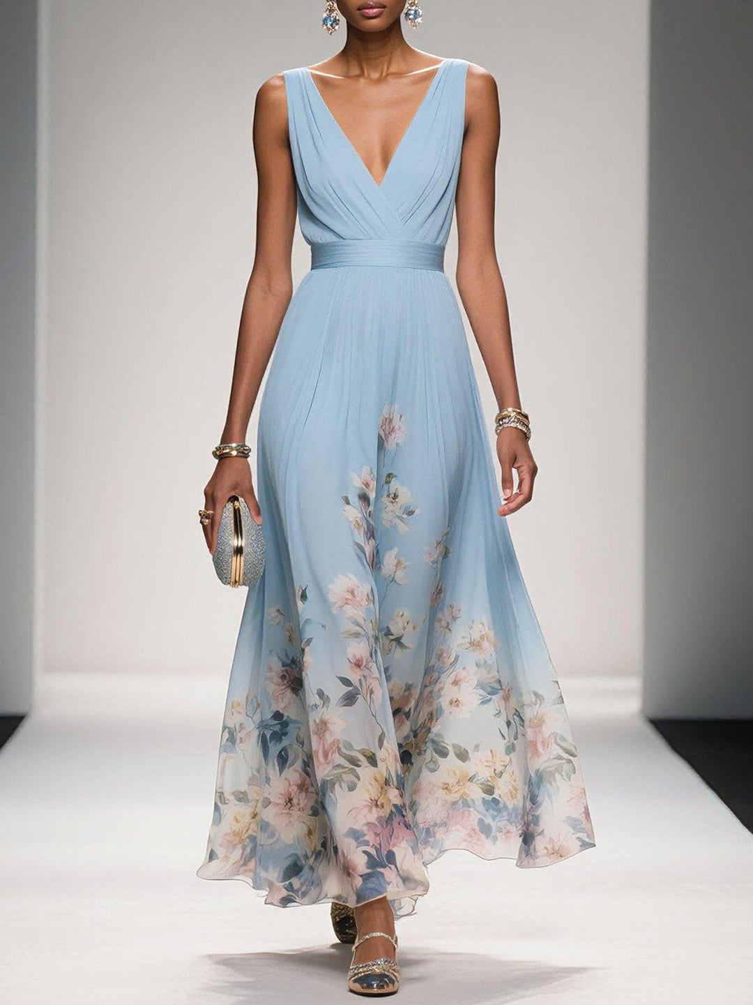 Women's Floral V-Neck Sleeveless Maxi Dress - Light Blue