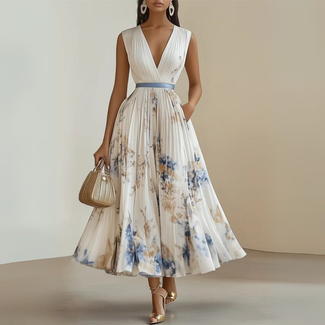Women's Floral V-Neck Sleeveless Maxi Dress - Beige