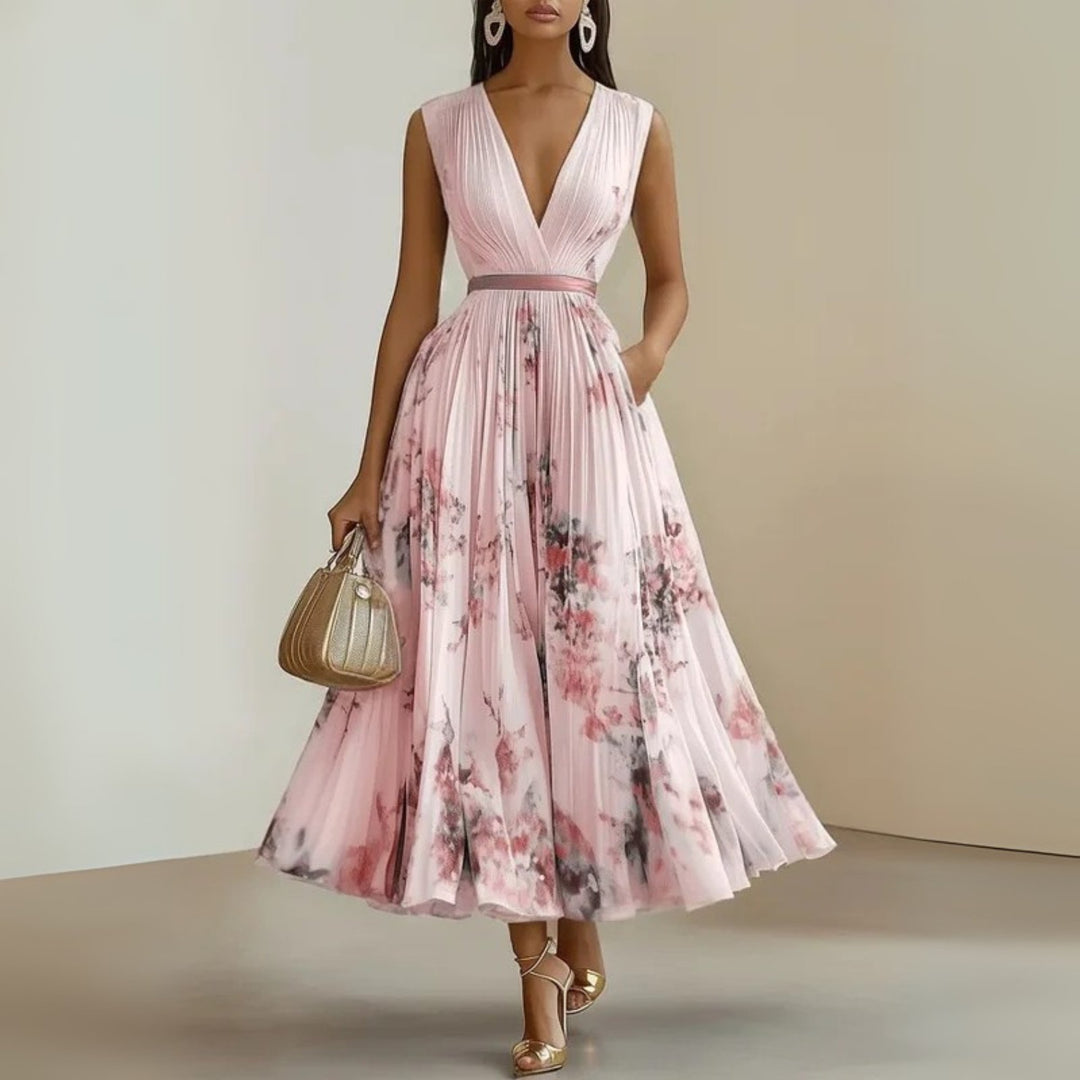 Women's Floral V-Neck Sleeveless Maxi Dress - Pink