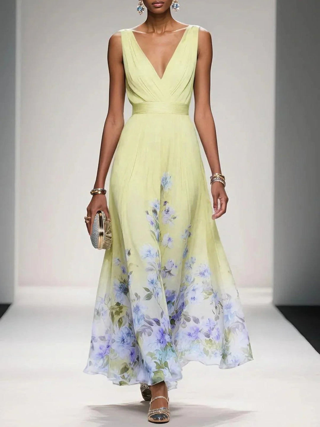 Women's Floral V-Neck Sleeveless Maxi Dress - Yellow