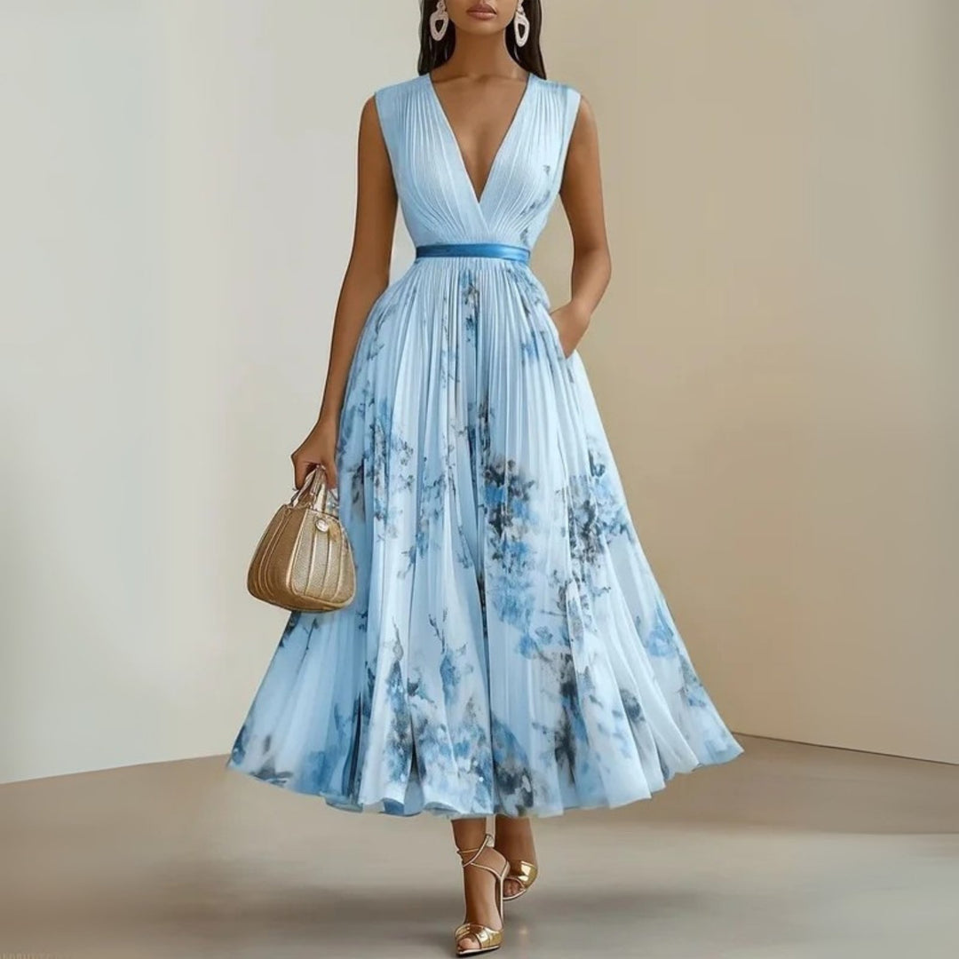Women's Floral V-Neck Sleeveless Maxi Dress - Blue
