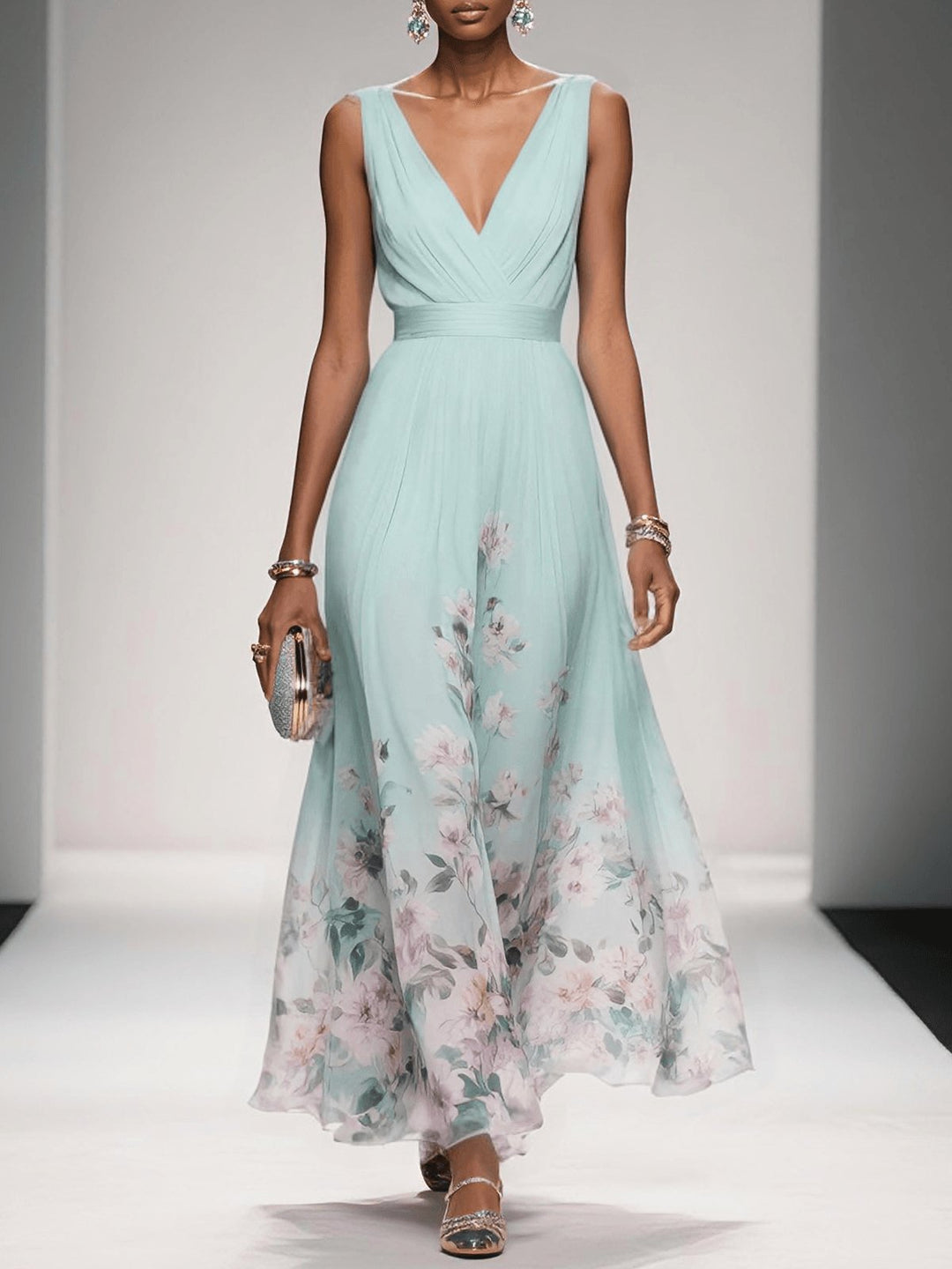 Women's Floral V-Neck Sleeveless Maxi Dress - Light Green