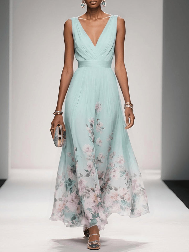 Women's Floral V-Neck Sleeveless Maxi Dress - Light Green