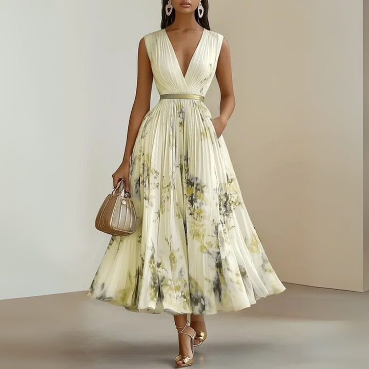 Women's Floral V-Neck Sleeveless Maxi Dress - Yellow