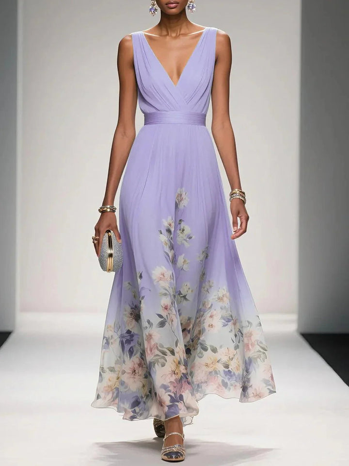 Women's Floral V-Neck Sleeveless Maxi Dress - Purple