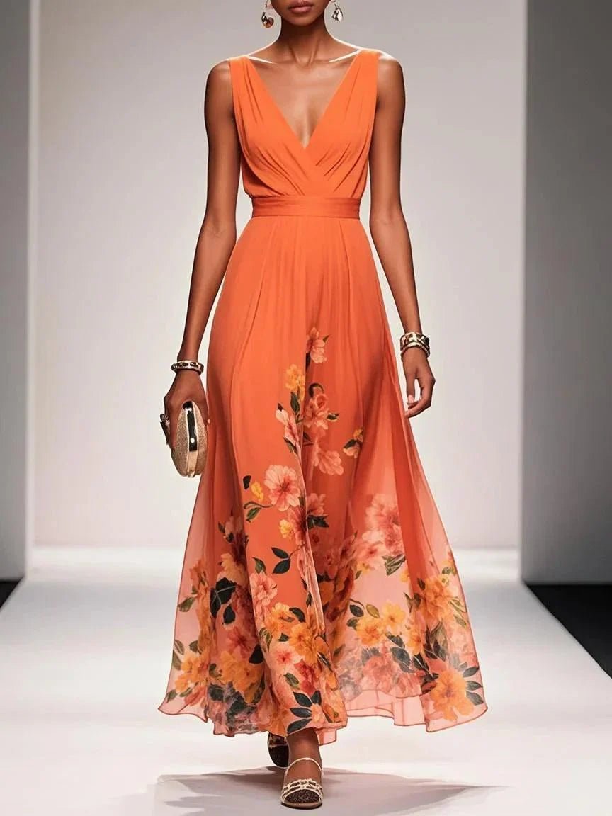 Women's Floral V-Neck Sleeveless Maxi Dress - Orange