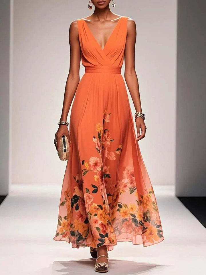 Women's Floral V-Neck Sleeveless Maxi Dress - Orange