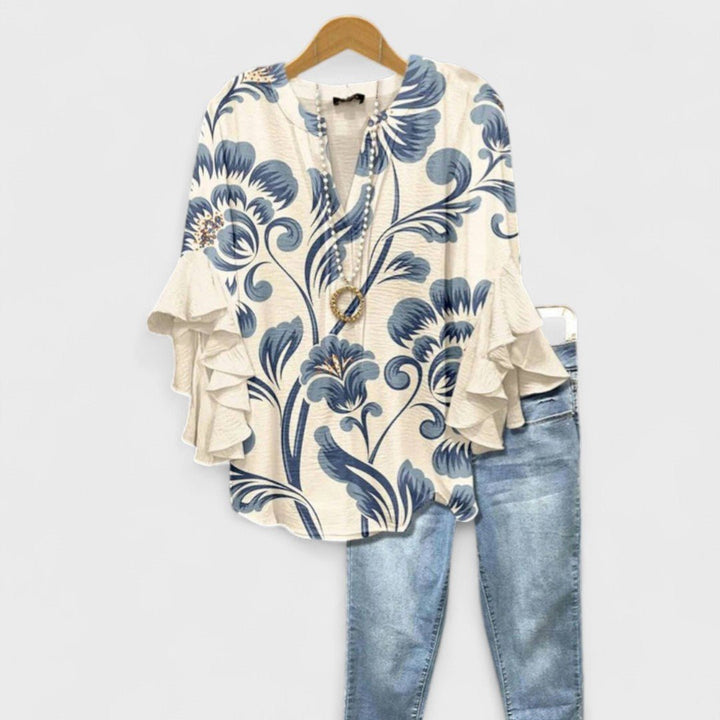 Women's Floral V-Neck Three-Quarter Sleeve Blouse - White
