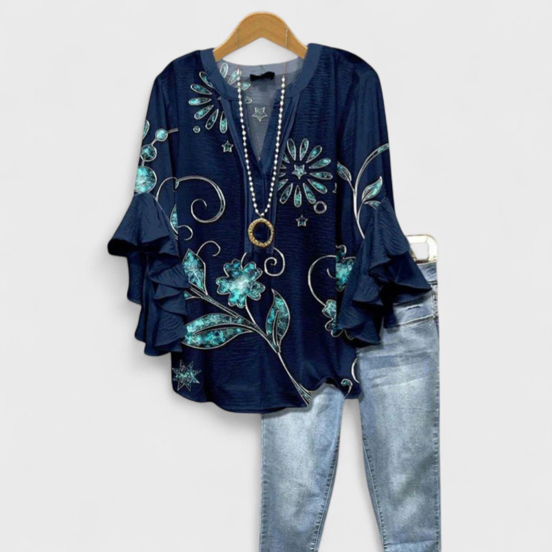 Women's Floral V-Neck Three-Quarter Sleeve Blouse - Navy Blue