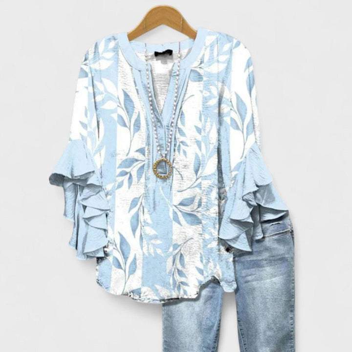 Women's Floral V-Neck Three-Quarter Sleeve Blouse - Light Blue