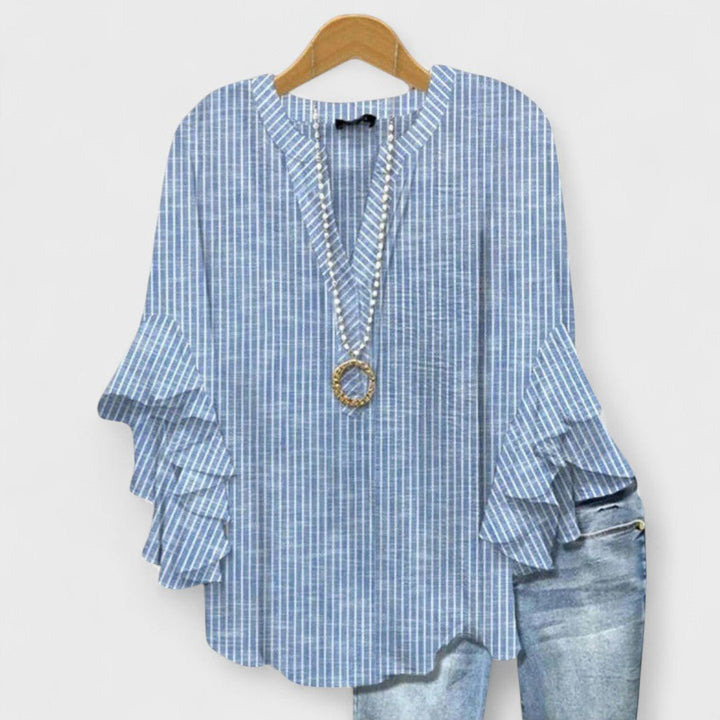 Women's Floral V-Neck Three-Quarter Sleeve Blouse - Blue