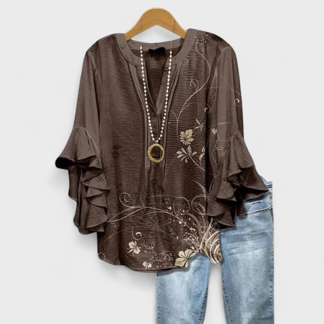 Women's Floral V-Neck Three-Quarter Sleeve Blouse - Brown