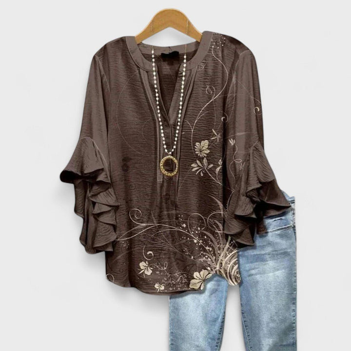 Women's Floral V-Neck Three-Quarter Sleeve Blouse - Brown