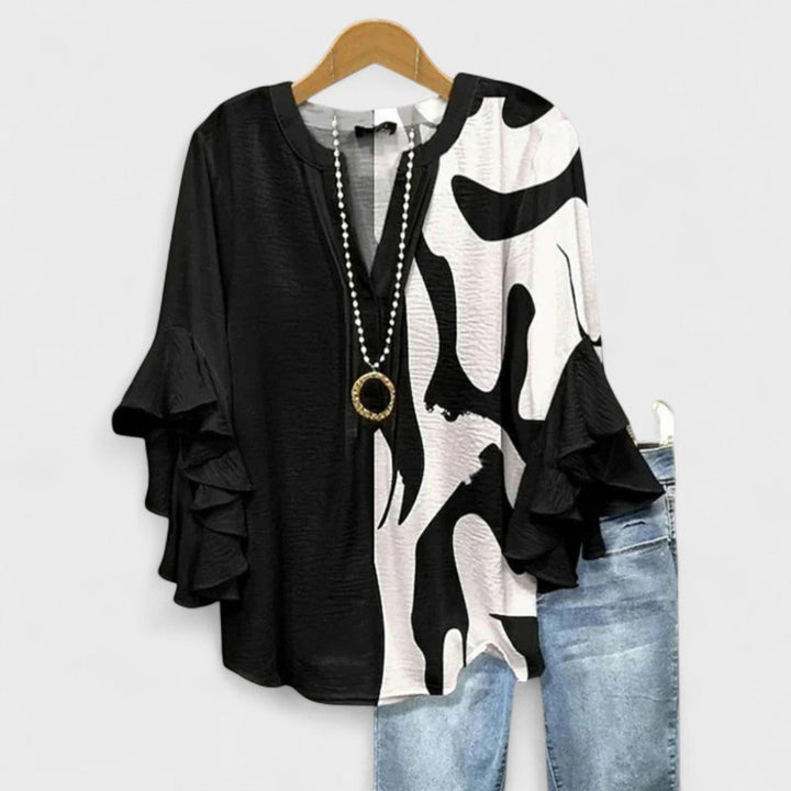 Women's Floral V-Neck Three-Quarter Sleeve Blouse - Black