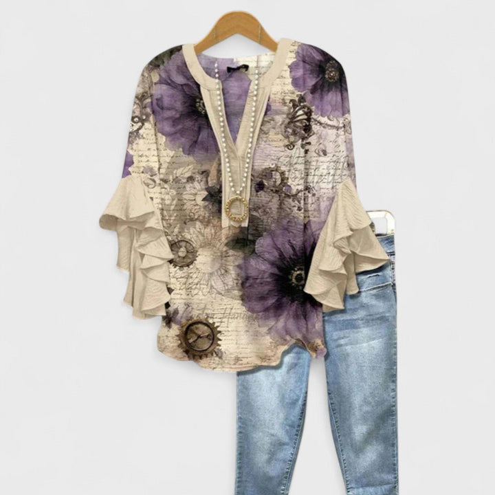 Women's Floral V-Neck Three-Quarter Sleeve Blouse - Beige