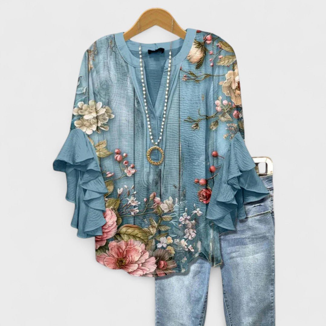 Women's Floral V-Neck Three-Quarter Sleeve Blouse - Dark Blue