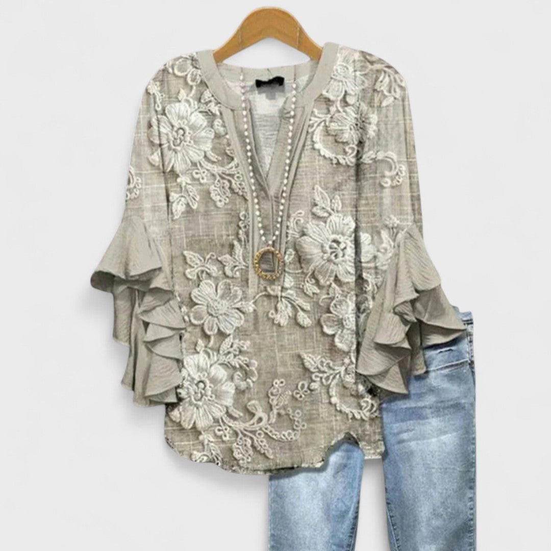 Women's Floral V-Neck Three-Quarter Sleeve Blouse - Light Brown