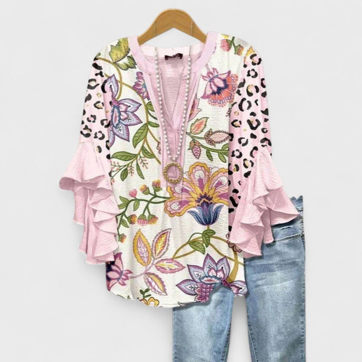 Women's Floral V-Neck Three-Quarter Sleeve Blouse - Pink
