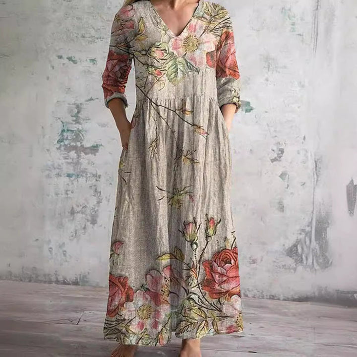Women's Floral V-Neck Three-Quarter Sleeve Maxi Dress - Beige