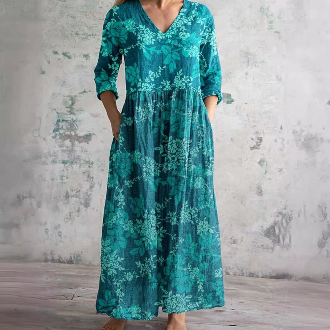Women's Floral V-Neck Three-Quarter Sleeve Maxi Dress - Blauwgroen