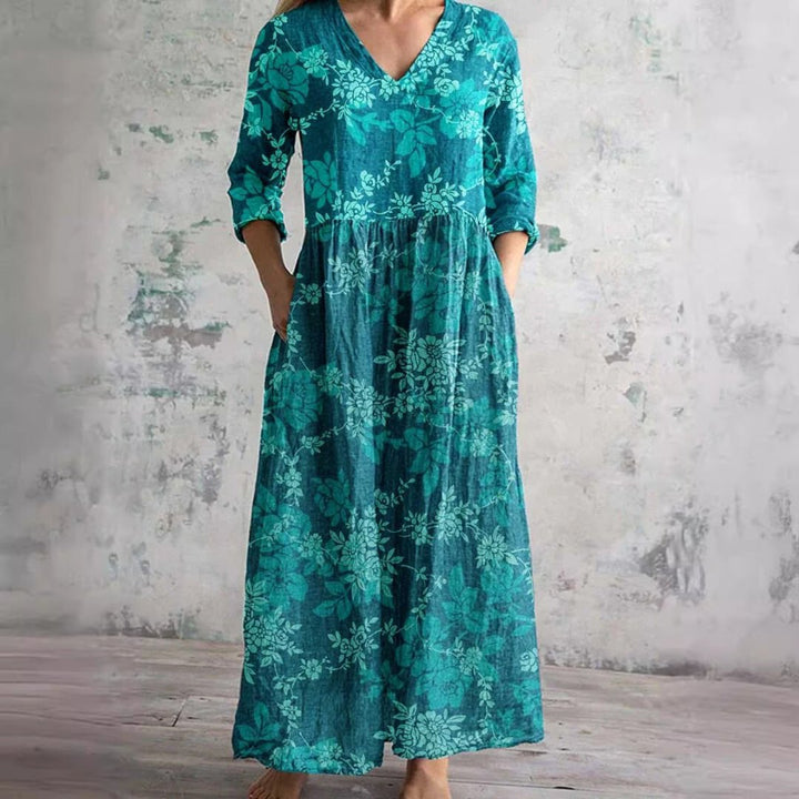 Women's Floral V-Neck Three-Quarter Sleeve Maxi Dress - Blauwgroen