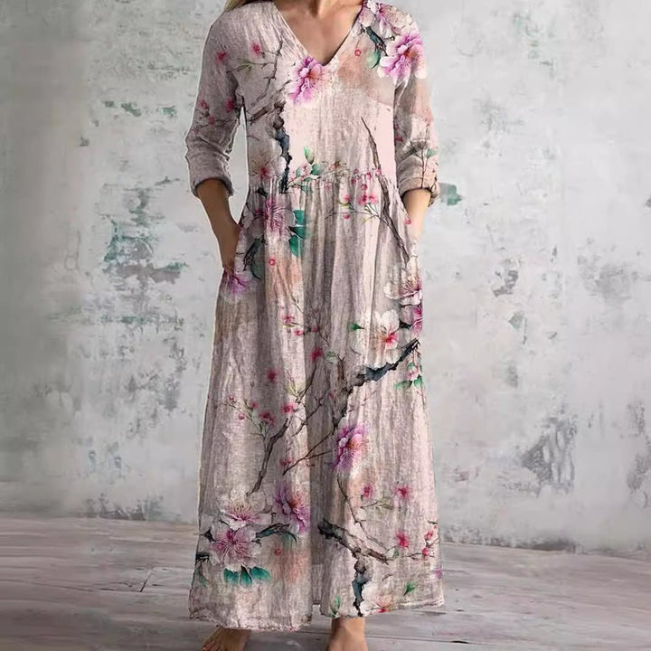 Women's Floral V-Neck Three-Quarter Sleeve Maxi Dress - Roze
