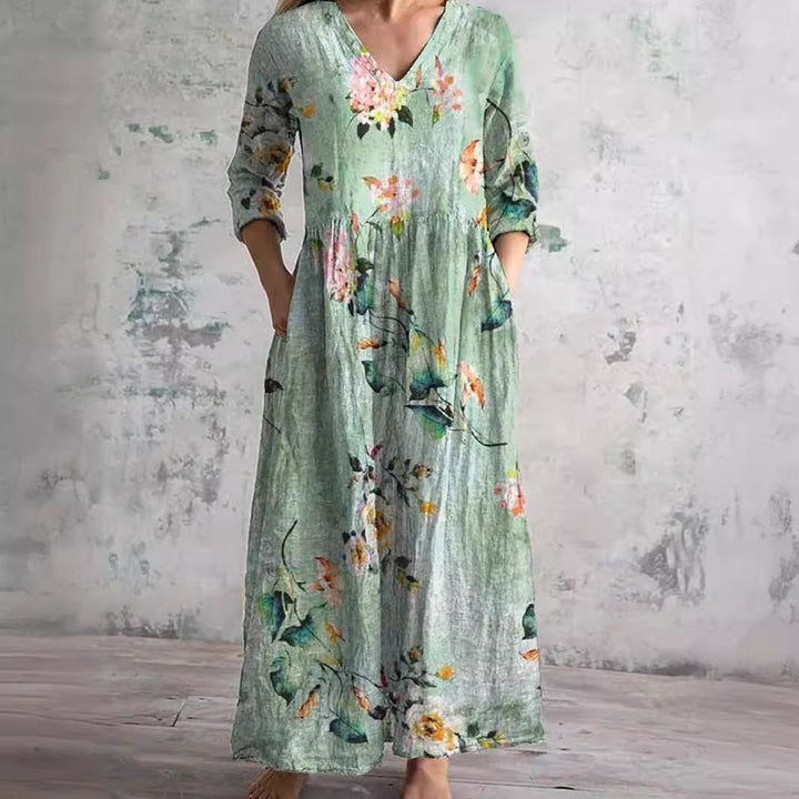Women's Floral V-Neck Three-Quarter Sleeve Maxi Dress - Mintgroen