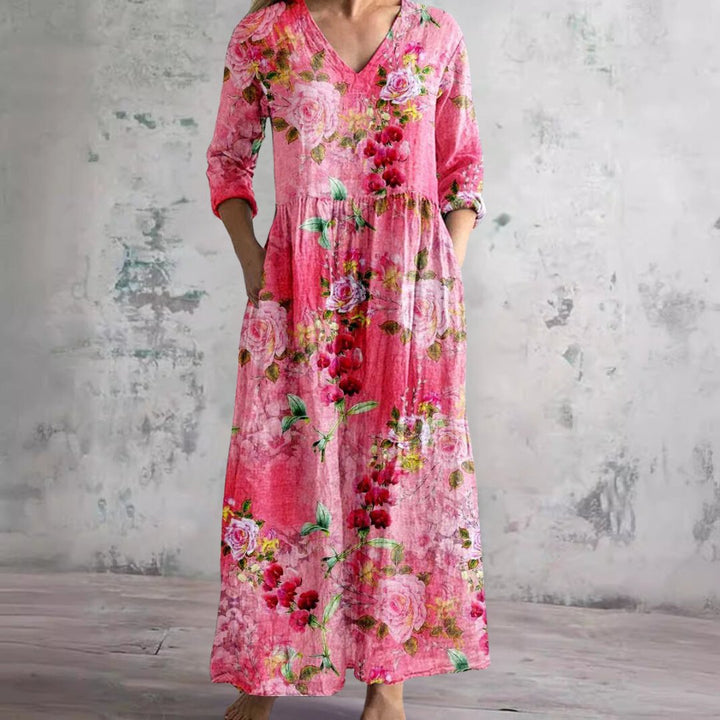 Women's Floral V-Neck Three-Quarter Sleeve Maxi Dress - Fuchsia
