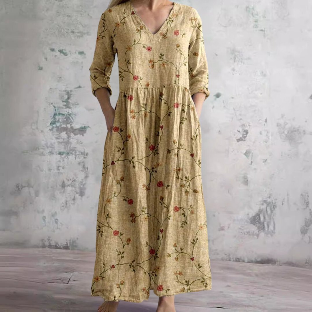 Women's Floral V-Neck Three-Quarter Sleeve Maxi Dress - Geel