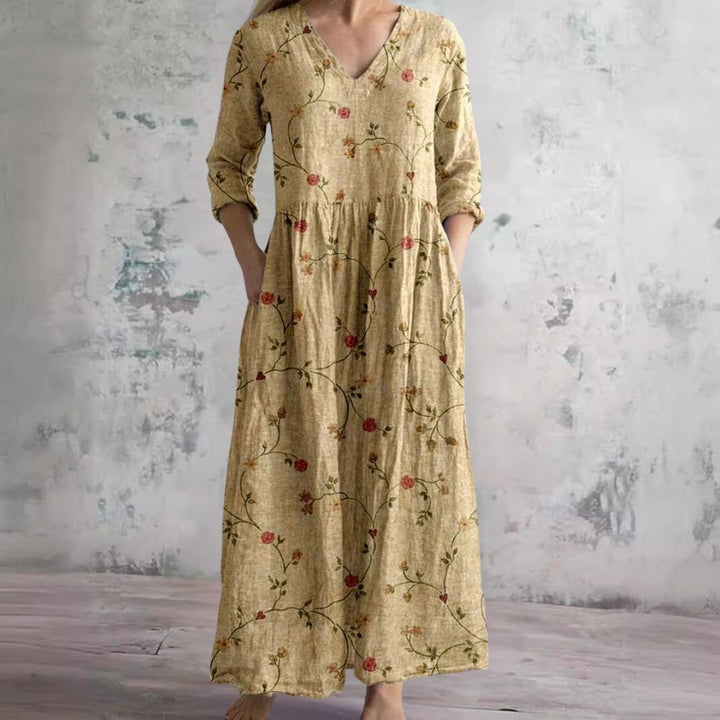 Women's Floral V-Neck Three-Quarter Sleeve Maxi Dress - Geel