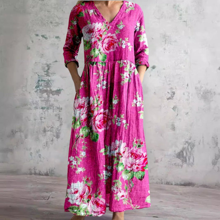 Women's Floral V-Neck Three-Quarter Sleeve Maxi Dress - Koraal Roze