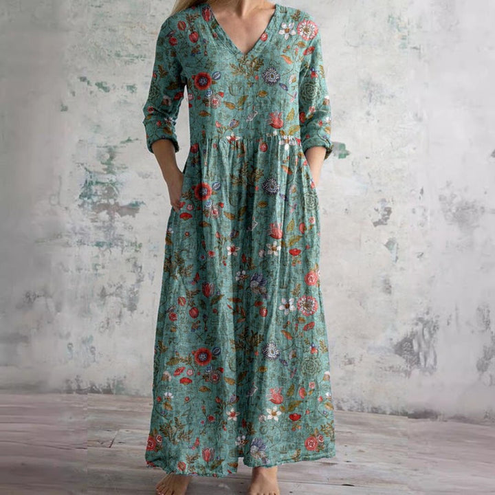 Women's Floral V-Neck Three-Quarter Sleeve Maxi Dress - Groen
