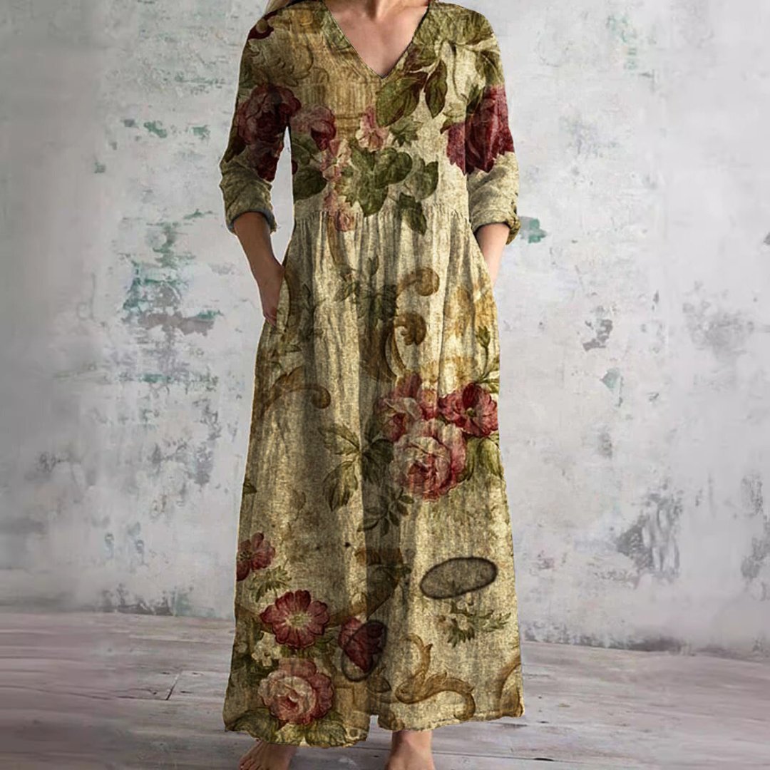 Women's Floral V-Neck Three-Quarter Sleeve Maxi Dress - Donker Beige