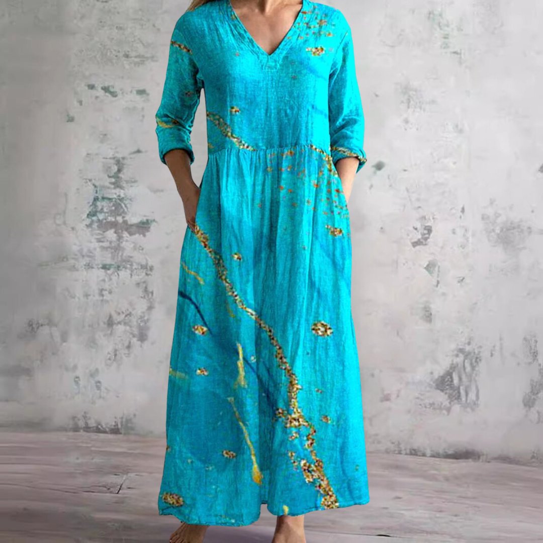 Women's Floral V-Neck Three-Quarter Sleeve Maxi Dress - Turkoois
