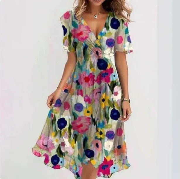 Women's Floral V-Neck Wrap Midi Dress - Veelkleurig