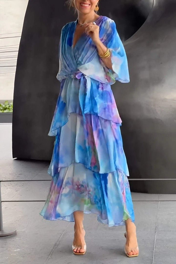 Women's Floral Watercolor Tiered Chiffon Maxi Dress - Blue